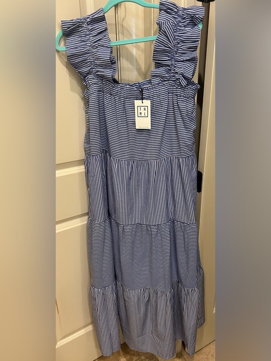 THML Dresses & Skirts - THML Boutique Women’s Blue Stripe Ruffle Shoulder Tiered Dress NWT